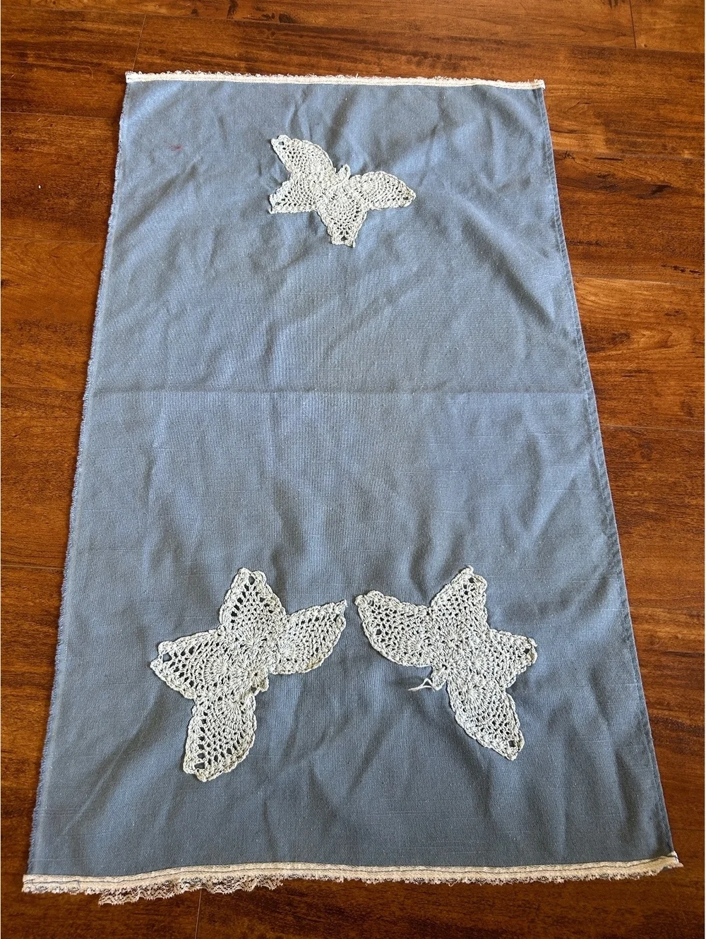 Pair of Blue Cotton Fabric Pieces with White Crochet Butterfly Appliques
